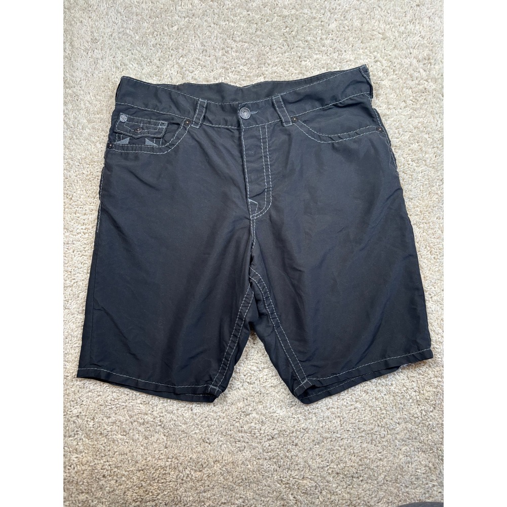 True Religion Mens Board Shorts Black Contrast Stitch Swim‎ Trunks Size 42